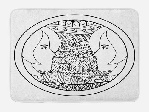 Ambesonne Zodiac Gemini Bath Mat, Ornamental Circle Design with Patterns and 2 Women Portraits, Plush Bathroom Decor Mat with Non Slip Backing, 30.2" x 20", Black and White