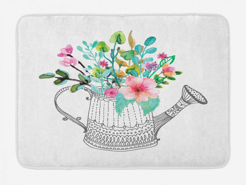 Ambesonne Garden Bath Mat, Doodle Style Watering Can with Lines and Dots Watercolor Style Blooming Flowers, Plush Bathroom Decor Mat with Non Slip Backing, 30.2" x 20", Multicolor