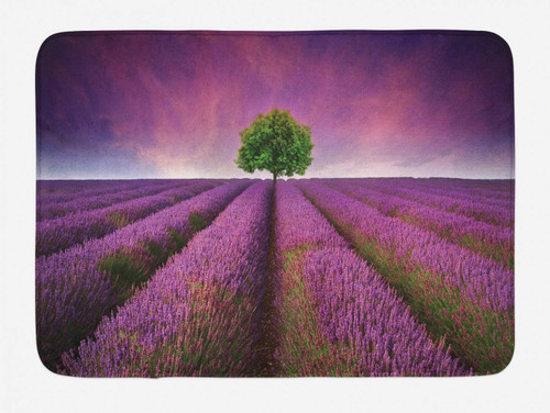 Ambesonne Purple Bath Mat, Romantic Lavender Fields Panoramic View Print Tree and Violet Sky Picture, Plush Bathroom Decor Mat with Non Slip Backing, 30.2" x 20", Purple and Green