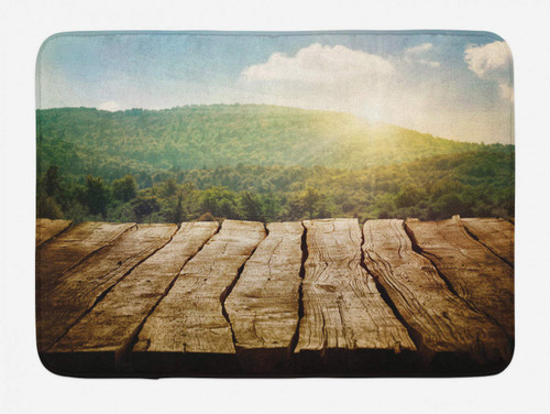 Ambesonne Rustic Bath Mat, Spring Season Mountain Side Landscape with Sun Rays Blurred Out of Focus Print, Plush Bathroom Decor Mat with Non Slip Backing, 30.2" x 20", Brown and Green