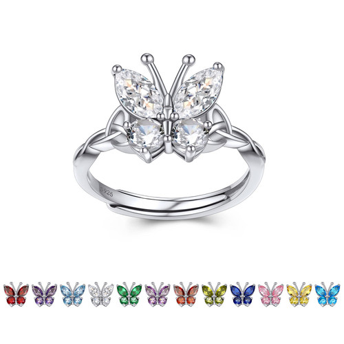 Bestyle Cute Butterfly Ring Silver Adjustable-April Birthstone Rings-925 Sterling Silver Crystal Cubic Zirconia Adjustable Everyday Rings for Women Minimalist Butterfly Jewelry Birthday Gift