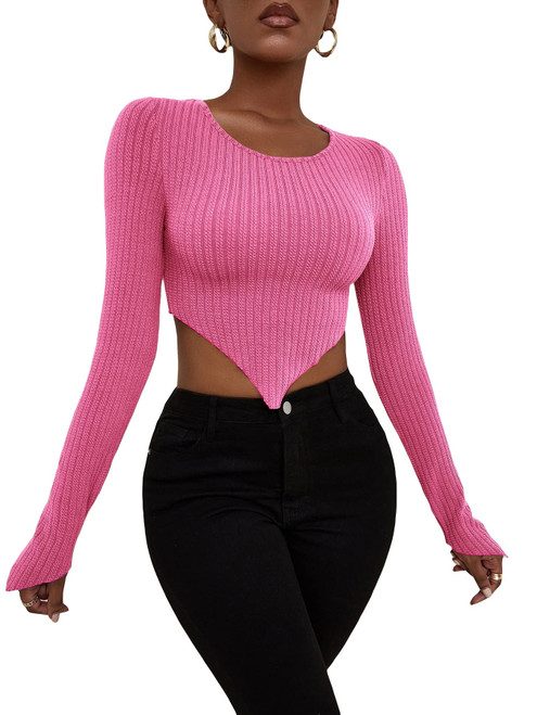 Floerns Women's Crew Neck Long Sleeve Asymmetrical Hem Ribbed Knit Tee Shirt Pullover Crop Top Hot Pink XS