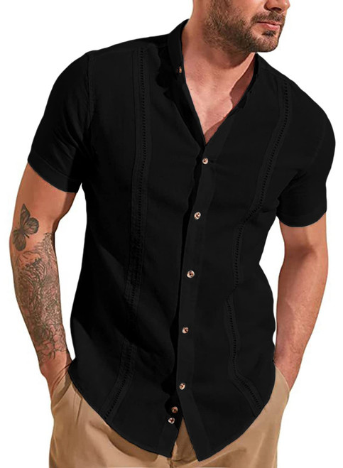 JMIERR Mens Cuban Camp Guayabera Shirts Linen Casual Short Sleeve Button Down Shirt Band Collar Summer Beach Tops Linen Cotton Shrits, US52(3XL), A Black