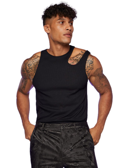 OYOANGLE Men's Solid Sleeveless Cut Out Round Asymmetrical Neck Club Party Tank Top Black S