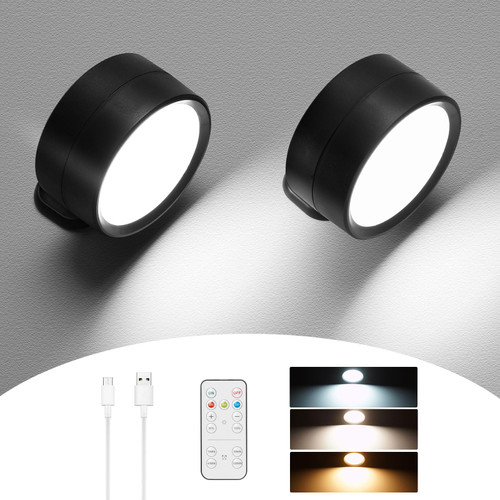 Wall Lights, Set of 2 LED Black Dimmable Battery Operated Rechargeable Wall Sconces with 3 Color Temperature & 5 Brightness, Remote & Touch Control, Cordless Wall Mounted Lamp for Bedside Bedroom
