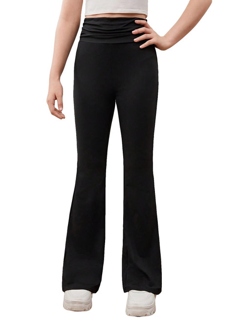 WDIRARA Girl's Ruched Elastic Waist Flare Bell Bottom Long Pants Stretchy Pants Black 14Y