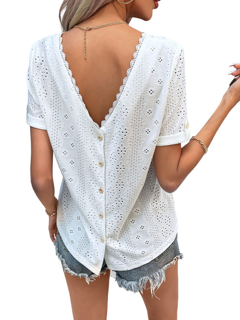 WDIRARA Women's Eyelet Embroidery Lace Trim T Shirt Short Sleeve Tops Button Back Tee White S