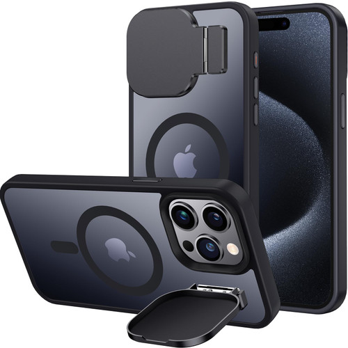 Silverback for iPhone 15 Pro Case with Camera Cover, MagSafe-Compatible Case with Built-in Stand, Magnetic Phone Case Translucent Matte Shockproof for iPhone 15 Pro 6.1 inch - Frosted Black