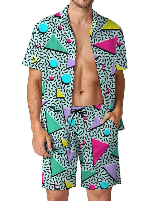 Rseoutlh Mens 2 Pieces Vintage 80s 90s Outfit Retro Button Down Shirts and Shorts Set Summer Hawaiian Beach Party (Green-M)