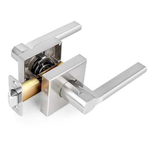 LOQRON Keyless Door Lever Square Heavy Duty Passage Door Handle No Lock Reversible for Hall Closet Door, Satin Nickel Finish