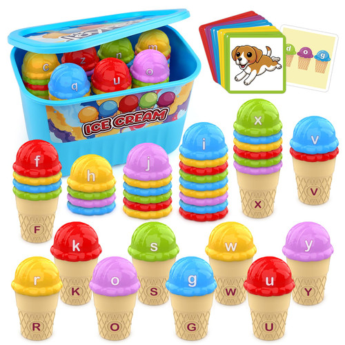 Joyreal Alphabet Ice Cream Learning Toys, 52 PCS Color Sorting Toys for Toddlers, Preschool Montessori Stacking Fine Motor Skills Toys, Upper and Lower Case Letter Games with Flash Cards, Storage Tub