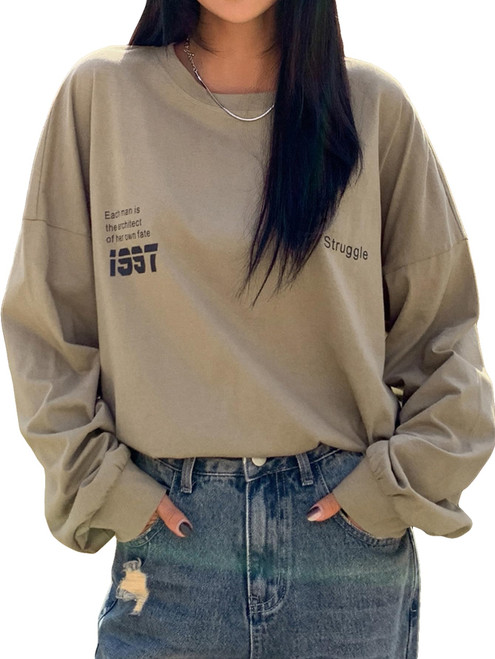 SOLY HUX Women's Letter Print Graphic Tees Long Sleeve Drop Shoulder Oversized T Shirt Tops Mocha Brown Letter XL