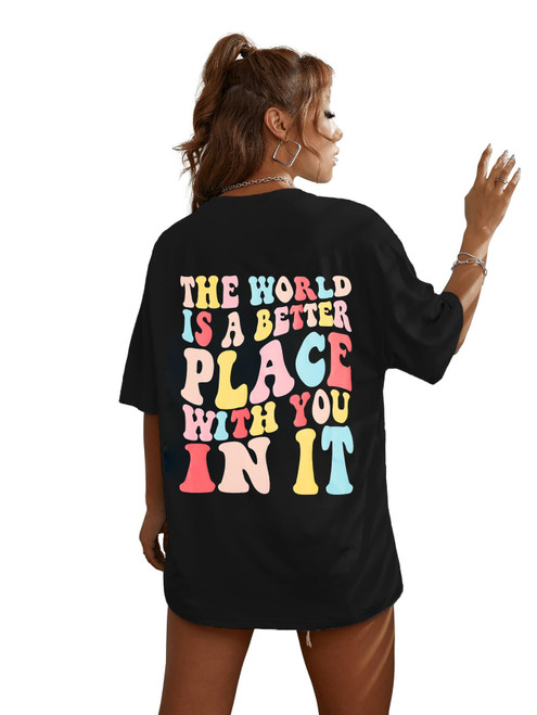 SOLY HUX Women's Oversized T Shirts Graphic Tees Letter Print Casual Summer Tops Black Multi Letter L
