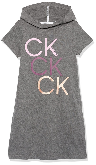 Calvin Klein Girls' Performance Logo Sweatshirt Dress, Fleece Hoodie with Long or Short Sleeves, Grey Logo Toss, 7