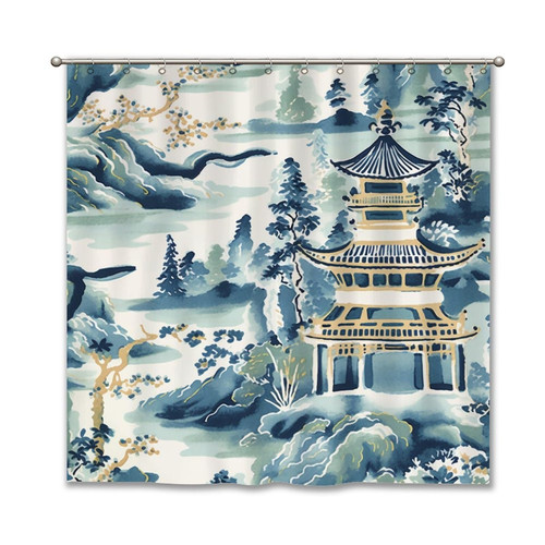 Yinrune Blue and White Shower Curtains for Bathroom Pagoda Chinoiserie Asian Inspired Bath Curtains Farmhouse Shower Curtain 72x72in Polyester Fabric Shower Curtain Set with Hooks
