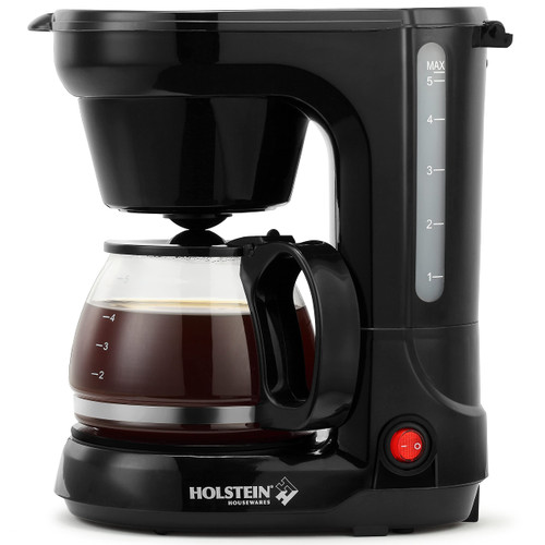 Holstein Housewares - 5 Cup Drip Coffee Maker - Convenient and User Friendly with Permanent Filter, Borosilicate Glass Carafe, Water Level Indicator, Auto Pause/Serve and Keep Warm Functions, Black