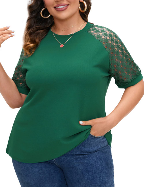 ZOMVA Women's Plus Size Summer Tops Dressy Blouses Waffle Knit Short Lace Sleeve Shirts, Green, Short Sleeves, 1X