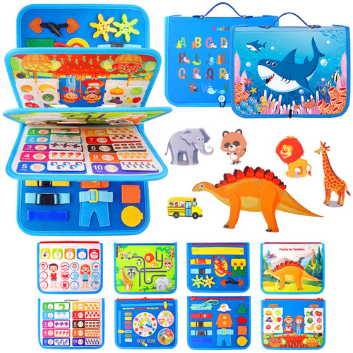 Guolely Busy Board - Montessori Toys for Toddlers 1-6 Year Old - 10-in-1 Shark Busy Book Preschool Learning Activities with Life Skill,Puzzle,Maze, Alphabet,Weather - Boy Girl Travel Toys