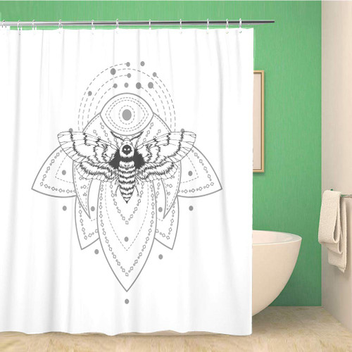 rouihot 72x72 Inches Shower Curtain Set with Hooks with Hand Drawn Dead Head Moth and Sacred Symbol on White Abstract Mystic Sign Home Decor Waterproof Polyester Fabric Bathroom Curtains