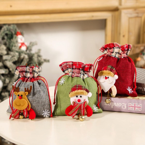 Insvog 3 Packs Christmas Gift Bags Reusable Christmas Santa Claus Snowman Elk Felt Doll Treat Bags with Bells Drawstring Xmas Gifts Wrapping Sacks Pouches for Holiday Presents Treats Candies Cookie