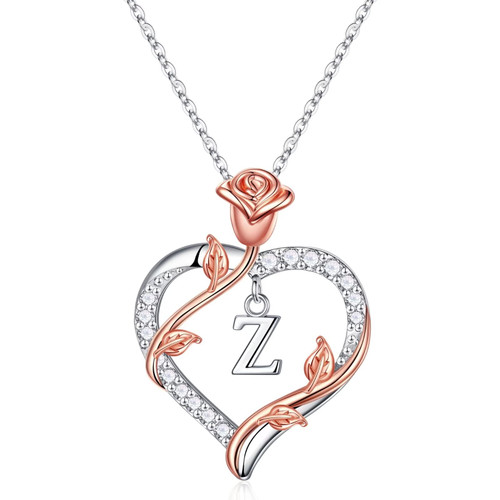 Heart Initial Necklace Gifts for Women Girls, Letter Z Initial Necklaces Rose Flower Love Heart Necklace I Love You Anniversary Birthday Valentines Gifts for Her Girlfriend Wife Mom Daughter Girl Gift