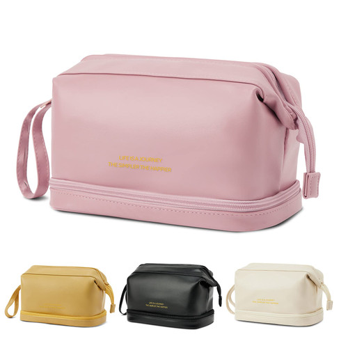 Large Makeup Bag, Double Layer Cosmetic Travel Bag, Waterproof Leather Makeup Bag for Women and Girls, Travel Makeup Organizer Bag Portable Leather Toiletry Bag, Roomy Cosmetic Travel Bag (Pink) Large Makeup Bag, Double Layer Cosmetic Travel Bag, Waterproof Leather Makeup Bag for Women and Girls, Travel Makeup Organizer Bag Portable Leather Toiletry Bag, Roomy Cosmetic Travel Bag (Pink)