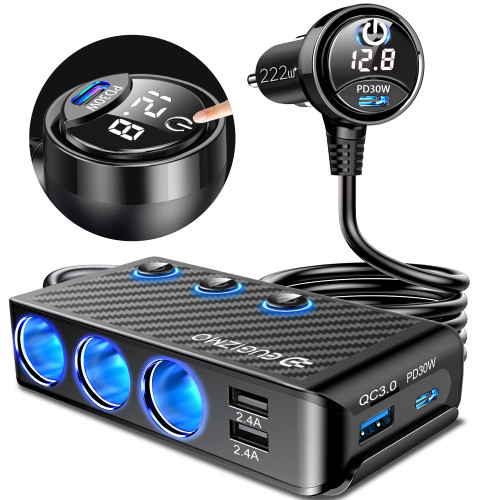 Cigarette Lighter Plug Splitter Adapter, EUGIZMO 222W Multi Port Power Plug Car Charger Adapter for Plug Outlet 12V 3 Socket Splitter Car Cigarette Lighter USB Charger with LED Independent Switches