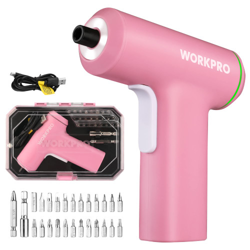 WORKPRO Pink Electric Cordless Screwdriver Set, 4V USB Rechargeable Lithium-ion Battery Power Screwdriver Kit with LED Light, Screw Gun with 28pcs Accessories for Home, Office, Apartment Repair WORKPRO Pink Electric Cordless Screwdriver Set, 4V USB Rechargeable Lithium-ion Battery Power Screwdriver Kit with LED Light, Screw Gun with 28pcs Accessories for Home, Office, Apartment Repair