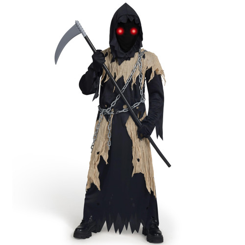 Spooktacular Creations Kids Grim Reaper Costume, Glowing Eyes Grim Reaper Costume for Boys, Creepy Phantom Black Reaper Halloween Dress Up-XL