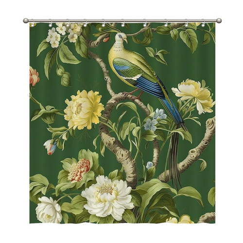 Turquoise Green Chinoiserie Floral and Bird Shower Curtains 66x72 Inch Polyester Fabric Bathroom Shower Curtains with Hooks Durable Waterproof Shower Curtains for Bathroom Bathtub Home Decoration