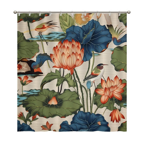 Chinese Pond Bird Shower Curtains 66x72 Inch Polyester Fabric Bathroom Shower Curtains with Hooks Durable Waterproof Shower Curtains for Bathroom Bathtub Home Decoration