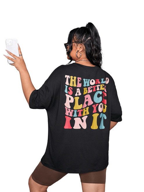 SOLY HUX Women's Oversized T Shirts Graphic Tees Letter Print Casual Summer Tops Black 2XL