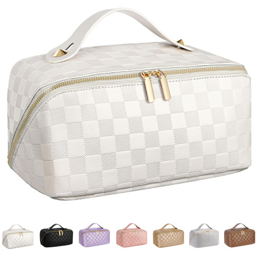 ALEXTINA Large Capacity Travel Cosmetic Bag - Portable Makeup Bags for Women Waterproof PU Leather Checkered Organizer Bag with Dividers and Handle,Toiletry Bag , White