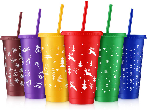 Sliner 12 Pcs Christmas Plastic Cups with Lids and Straws Bulk, 24 oz 6 Color Thick Plastic Tumbler with Lids and Straws Xmas Reusable Cups Water Bottle Cute Cold Cups for Iced Coffee, Xmas Parties