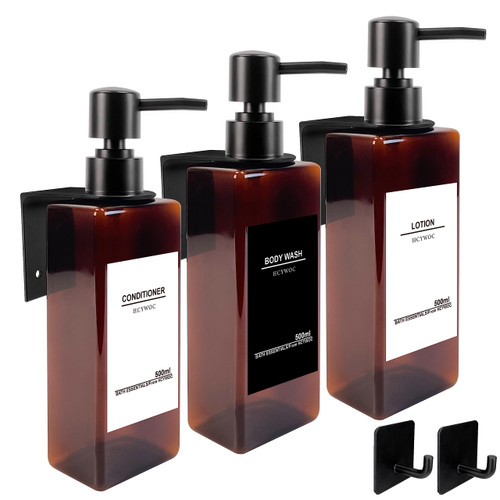 Shampoo Dispenser for Shower Wall, Shampoo and Conditioner Dispenser with 16 Waterproof Labels, No Drill Shower Soap Dispenser Bathroom, Shower Soap Dispenser Wall Mounted 3 chamber, 17oz, Black Amber