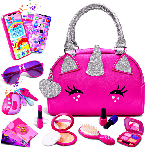 FFTROC Unicorns Pretend Play Toddler Girl Purse with Makeup Toys Set, Little Girls Purse Toys for 3 4 5 6 7 Year Old Girl Gifts, Kids Purse for Christmas, Birthday Gifts for Ages 3-5 4-5 6-8