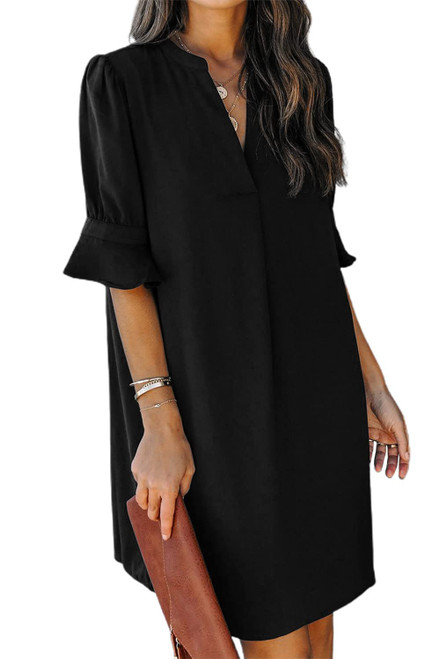 MARZXIN Women 2023 Casual Mini Dresses Ruffled Short Sleeve V Neck Shift Dress Half Sleeve Summer Formal Dresses Black M