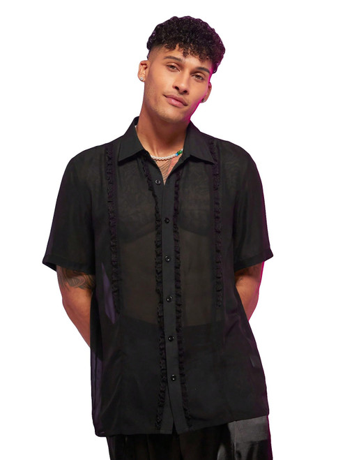 OYOANGLE Men's Sheer Mesh Button Down See Through Short Sleeve Blouse Shirt Tops Black S