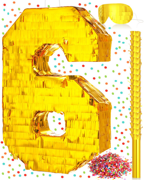 Gold Foil Number Pinata 16 x 11 x 3 Inch Small Pinata with 15.7'' Stick Gold Blindfold Confetti for Kid Boy Girl Birthday Party Decorations Anniversary Celebrations Fiesta Supplies Favors (Number 6)