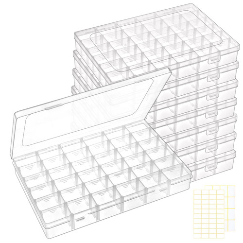 QUEFE 8 Pack 36 Grids Clear Plastic Organizer Storage Box Container, Craft Storage with Adjustable Dividers for Beads, Art DIY, Crafts, Jewelry, Fishing Tackle with Label Stickers