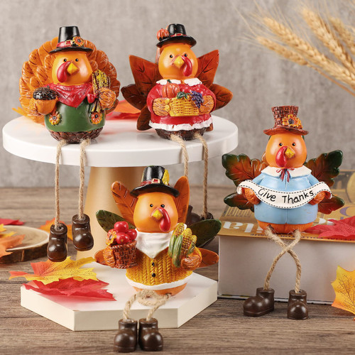 4 Pcs Thanksgiving Turkey Tabletop Decor Mini Turkey Figurines with Dangling Legs Fall Decor for Home Fall Autumn Harvest Thanksgiving Halloween Turkey Stuffed Animal Decor