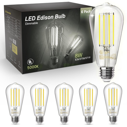 TJOY Edison Light Bulbs 60W Equivalent, Dimmable Vintage LED Light Bulbs, E26 Medium Base, 5000K Daylight, ST58, 8W, 800LM, 80+ CRI, Antique Decorative Filament LED Bulb, Clear Glasses, 6 Pack TJOY Edison Light Bulbs 60W Equivalent, Dimmable Vintage LED Light Bulbs, E26 Medium Base, 5000K Daylight, ST58, 8W, 800LM, 80+ CRI, Antique Decorative Filament LED Bulb, Clear Glasses, 6 Pack