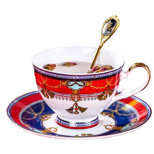 LE POTOCIO Euro Style Bone China Tea Cup and Saucer Set, Tea Coffee Cups and Saucers Set of 1, 7.03 oz Coffee/Tea Cup Set with Saucer and Spoon for Tea Party (Vienna)