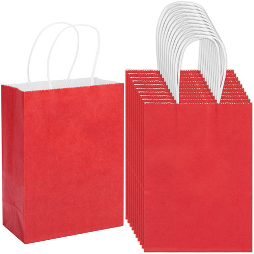 100 Pack 5.9x3.15x8.26 inch Small Red Gift Bags, Kraft Bags with Handles Bulk for Birthday Party Favors,Gift Paper Bags,Retail Shopping Business Goody Craft Gift Bags
