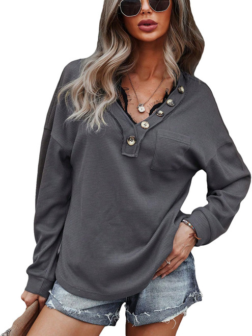 SweatyRocks Women's Casual Long Sleeve V Neck Tee Drop Shoulder Solid Button Pullover T Shirt Dark Grey XL