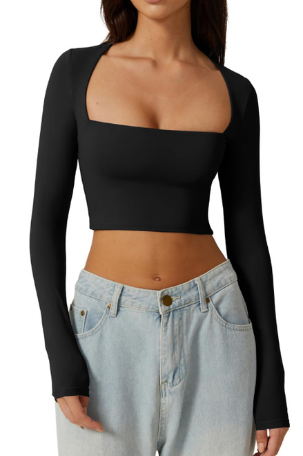 QINSEN Women's Sexy Square Neck Crop Top Long Sleeve Slim Fit Cropped T Shirts Black XL QINSEN Women's Sexy Square Neck Crop Top Long Sleeve Slim Fit Cropped T Shirts Black XL