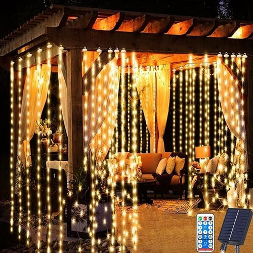 Acxilexy 300 LED Solar Curtain Lights Outdoor, 3M*3M Solar String Lights, 8 Modes Waterfall Fairy Lights, Remote Control, Waterproof Curtain String Lights for Wedding Party Garden Decoration