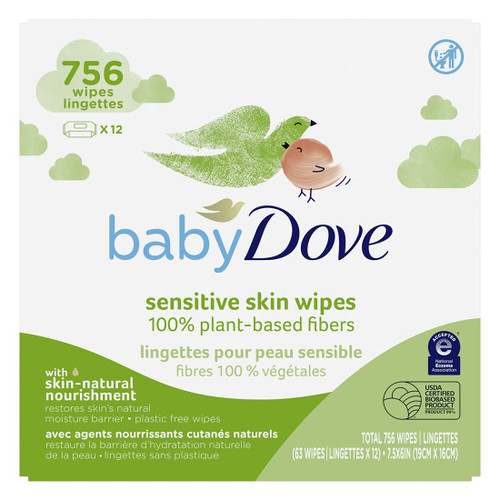 Baby Dove Baby Wipes for Sensitive Skin with 100% Plant-Based Fibers Hypoallergenic 63 Wipes 12 Pack