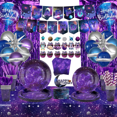 Galaxy Theme Party Decorations, Space Galaxy Happy Birthday Banner, Balloons, Tablecloth, Cupcake Toppers, Foil Curtains, Plates, Cups, Napkins, Galaxy Outer Space Birthday Party Supplies, Serves 20
