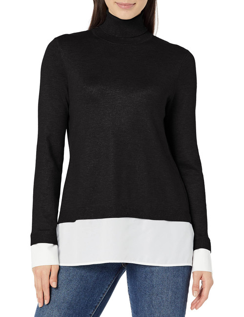 Adrianna Papell Women's TURTLENCK Woven Hem Twofer SWT, Black/Ivory, M